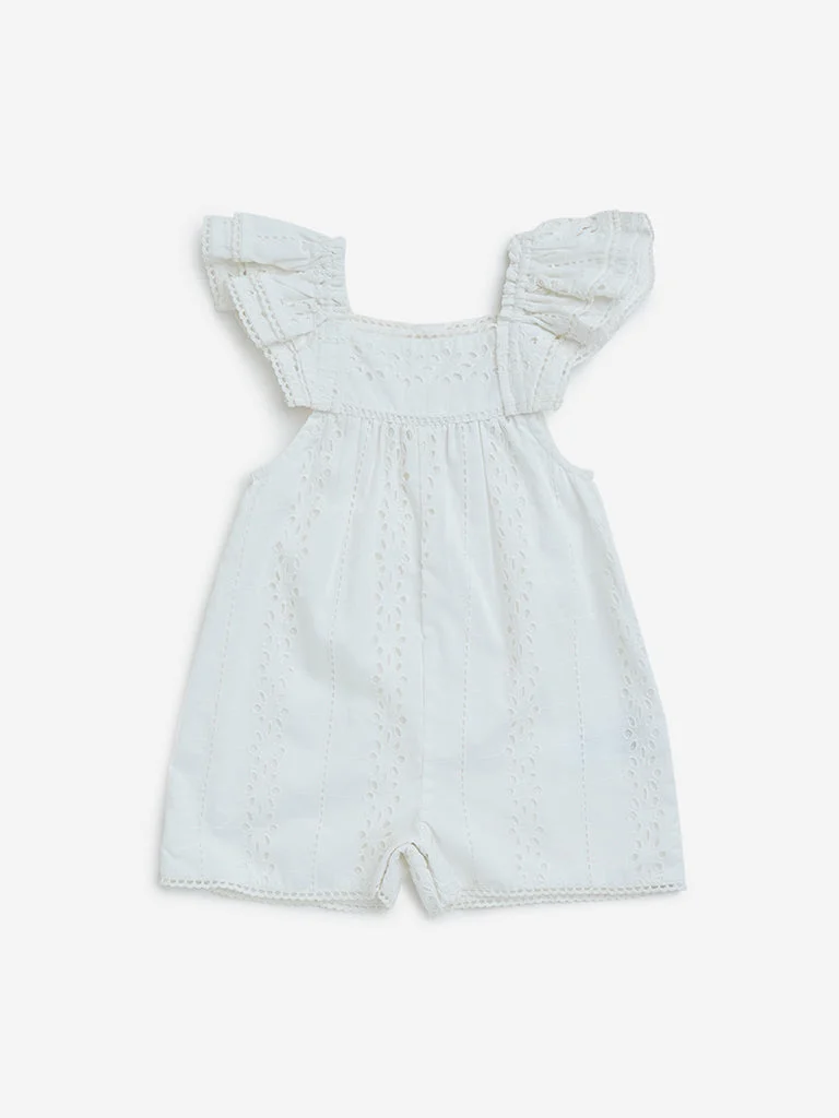 HOP Baby Girls White Schiffli-Detailed Cotton Romper