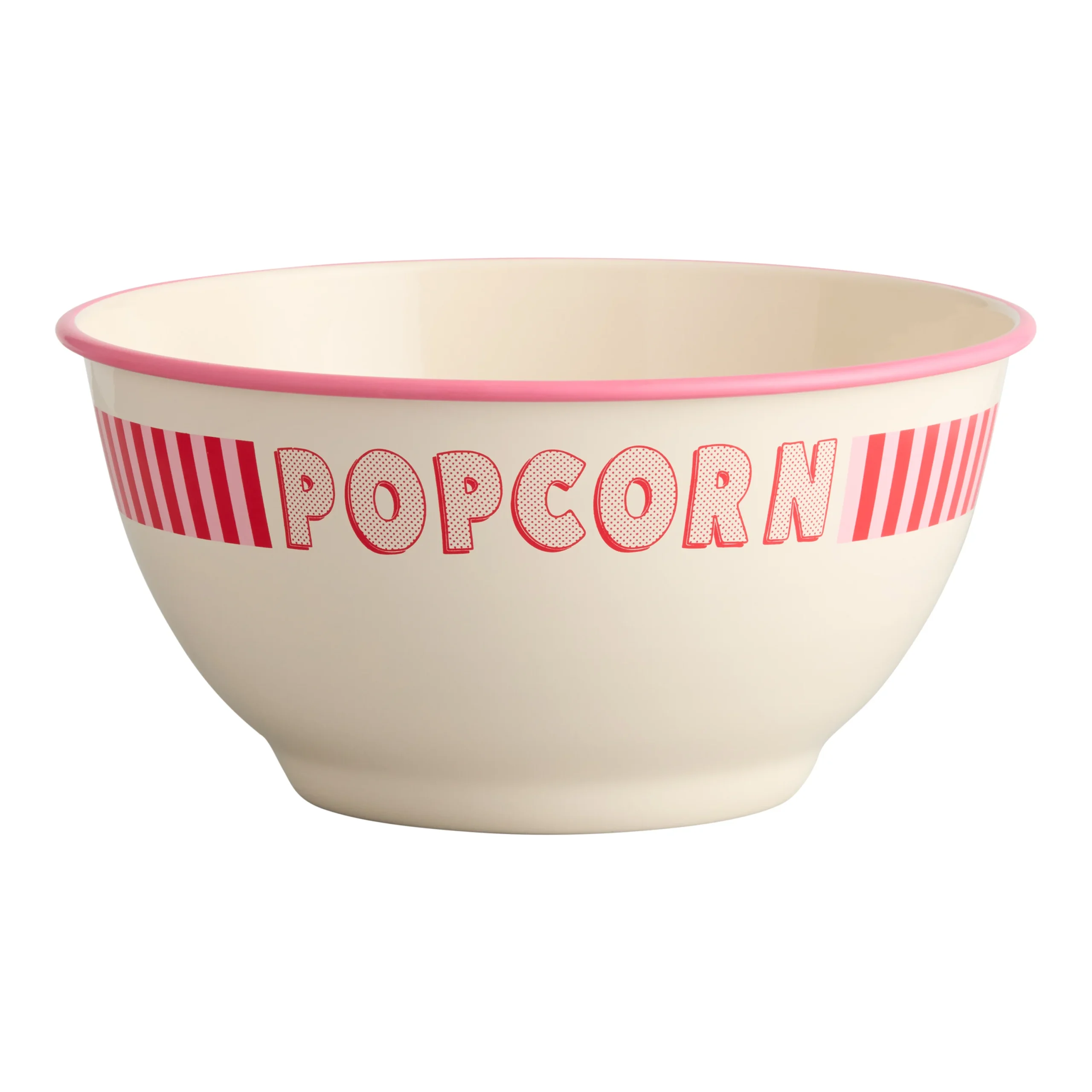 Large Red and Ivory Enameled Metal More Please Popcorn Bowl