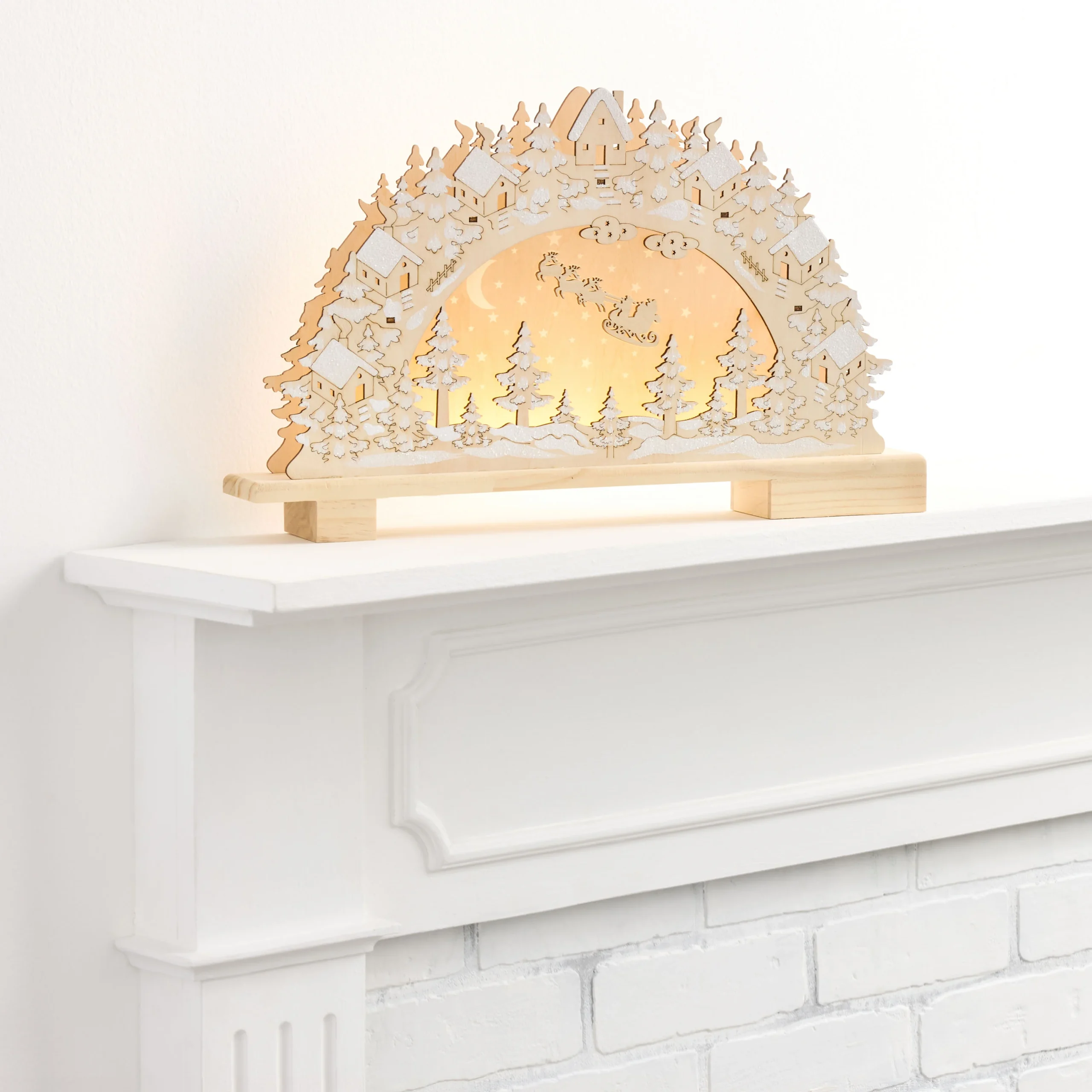 Laser Cut Wood Arch Santa Scene LED Light Up Decor