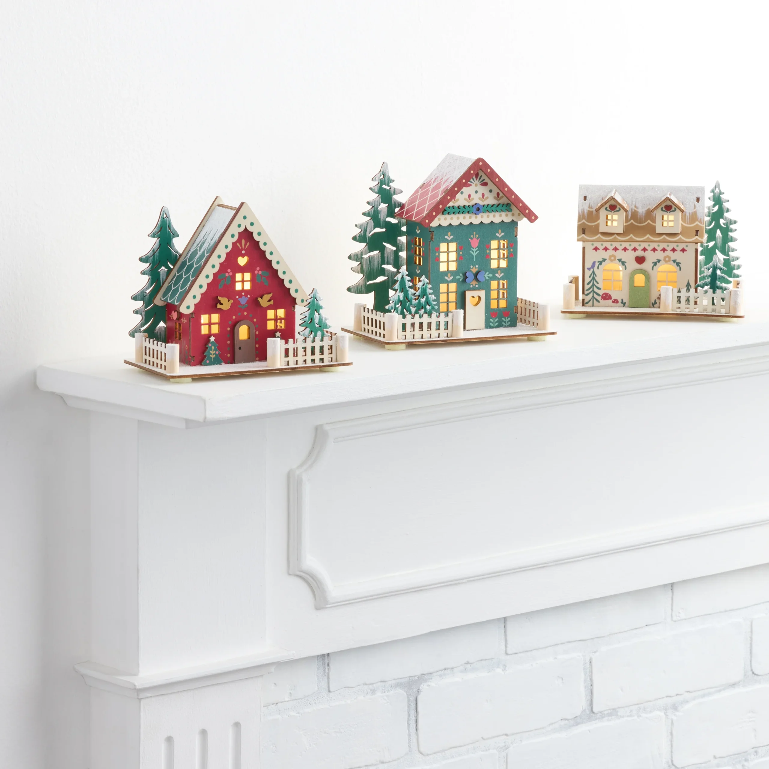 Laser Cut Wood Folk Cottage LED Light Up Decor Set Of 3