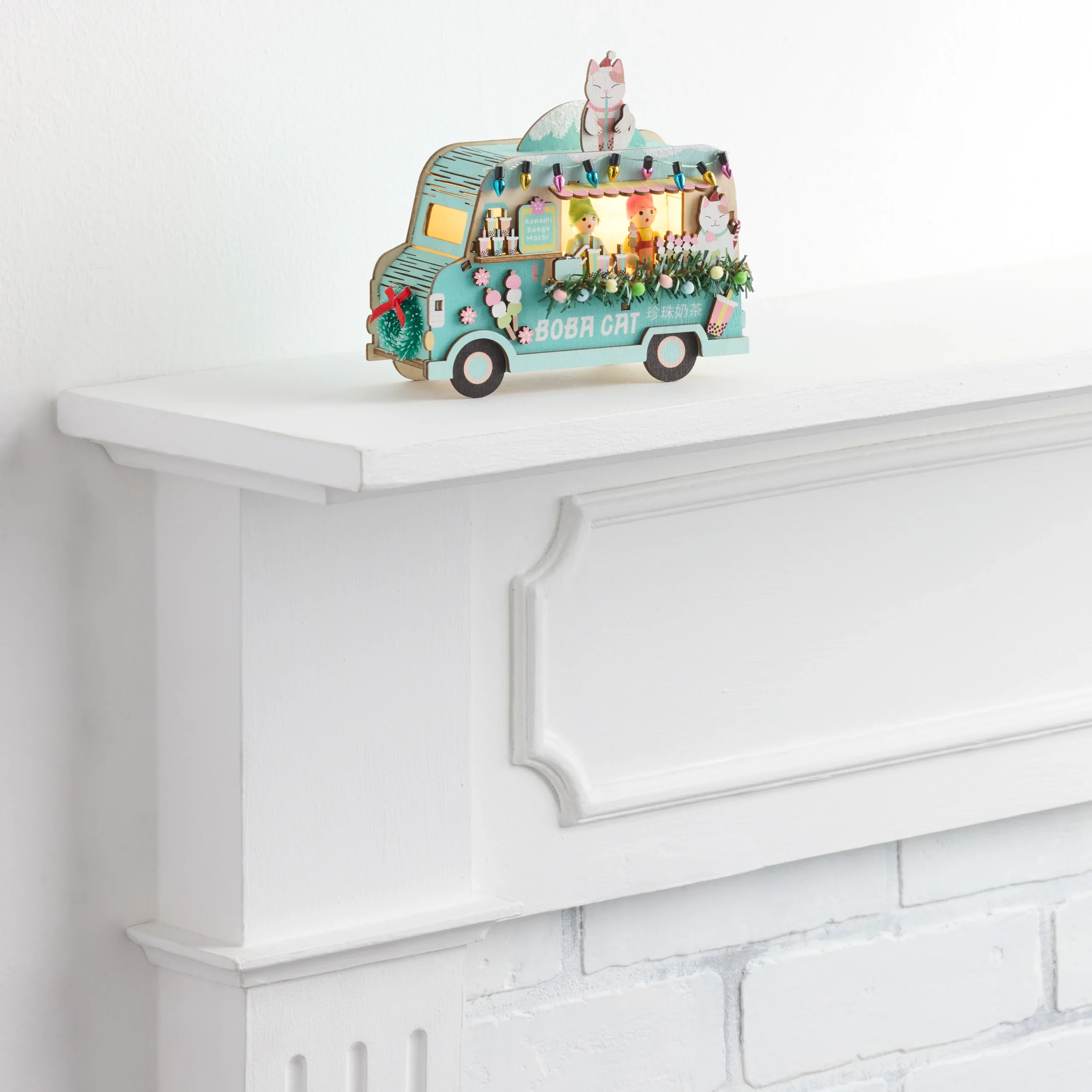 Laser Cut Wood Holiday Boba Cat Truck LED Light Up Decor
