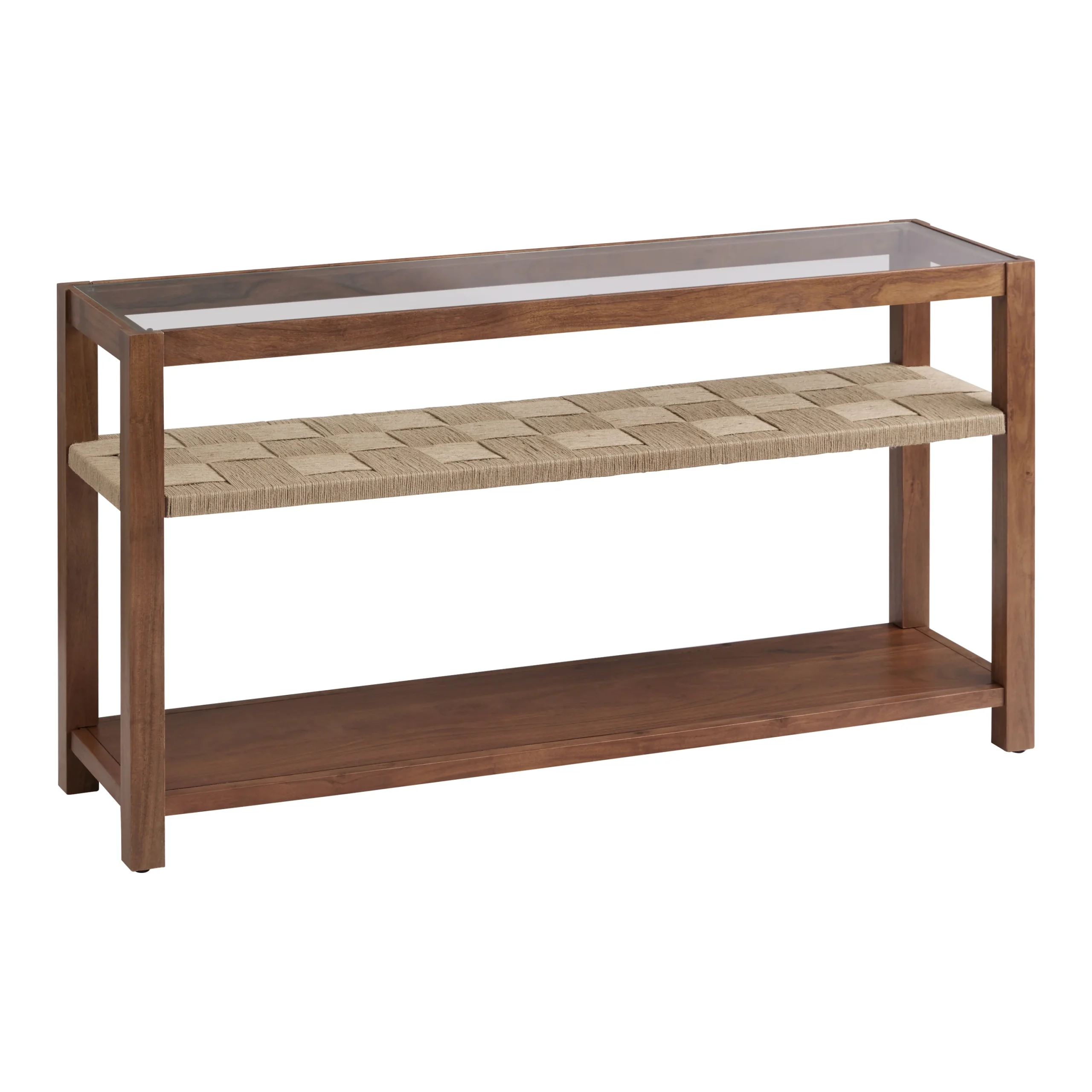 Lincoln Wood and Jute Glass Top Console Table with Shelves