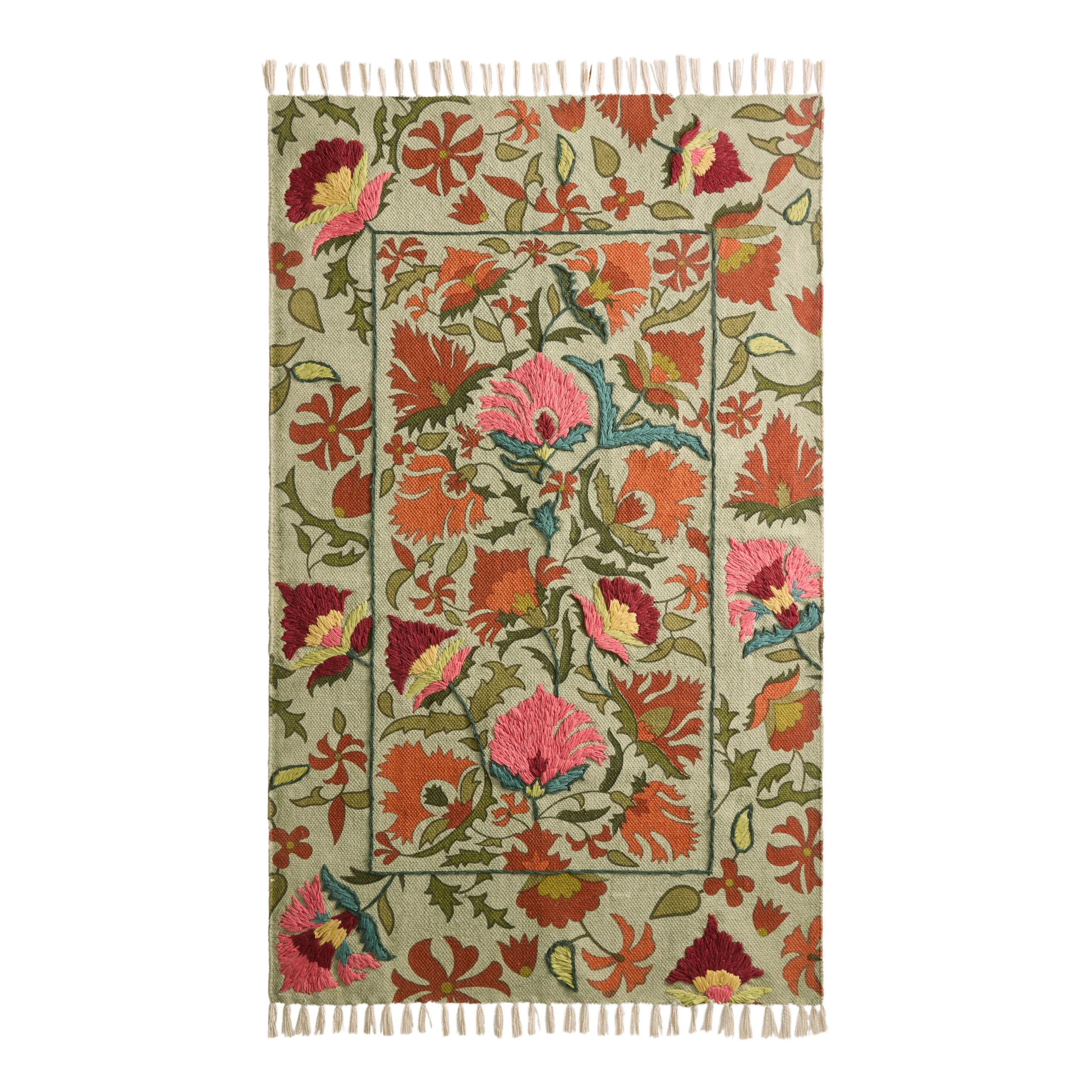 Lotus Pink and Fuchsia Floral Embroidered Cotton Area Rug