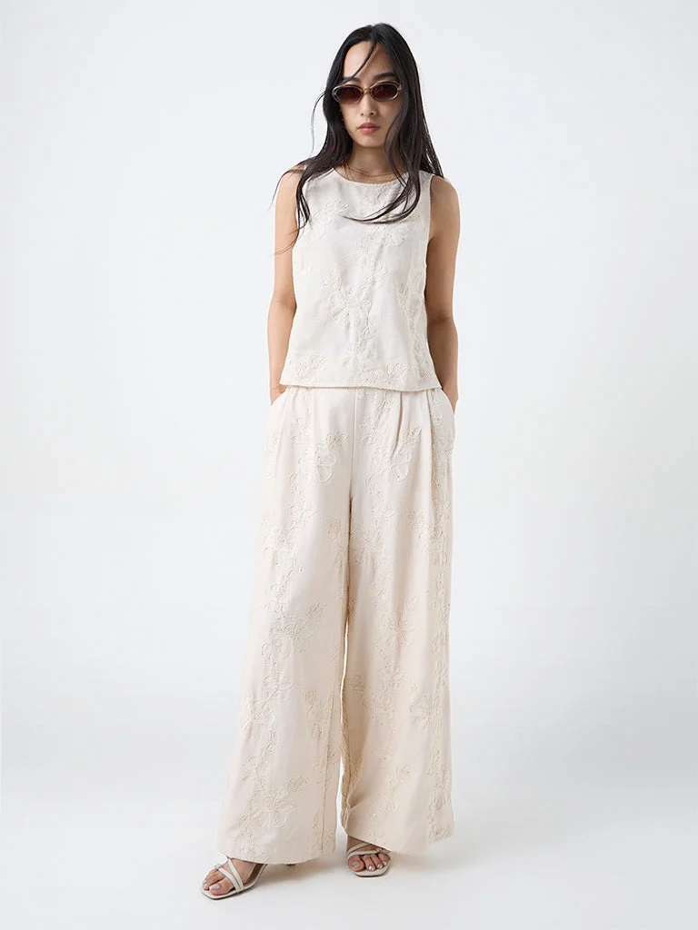 LOV Beige Floral Embroidered High-Rise Trousers
