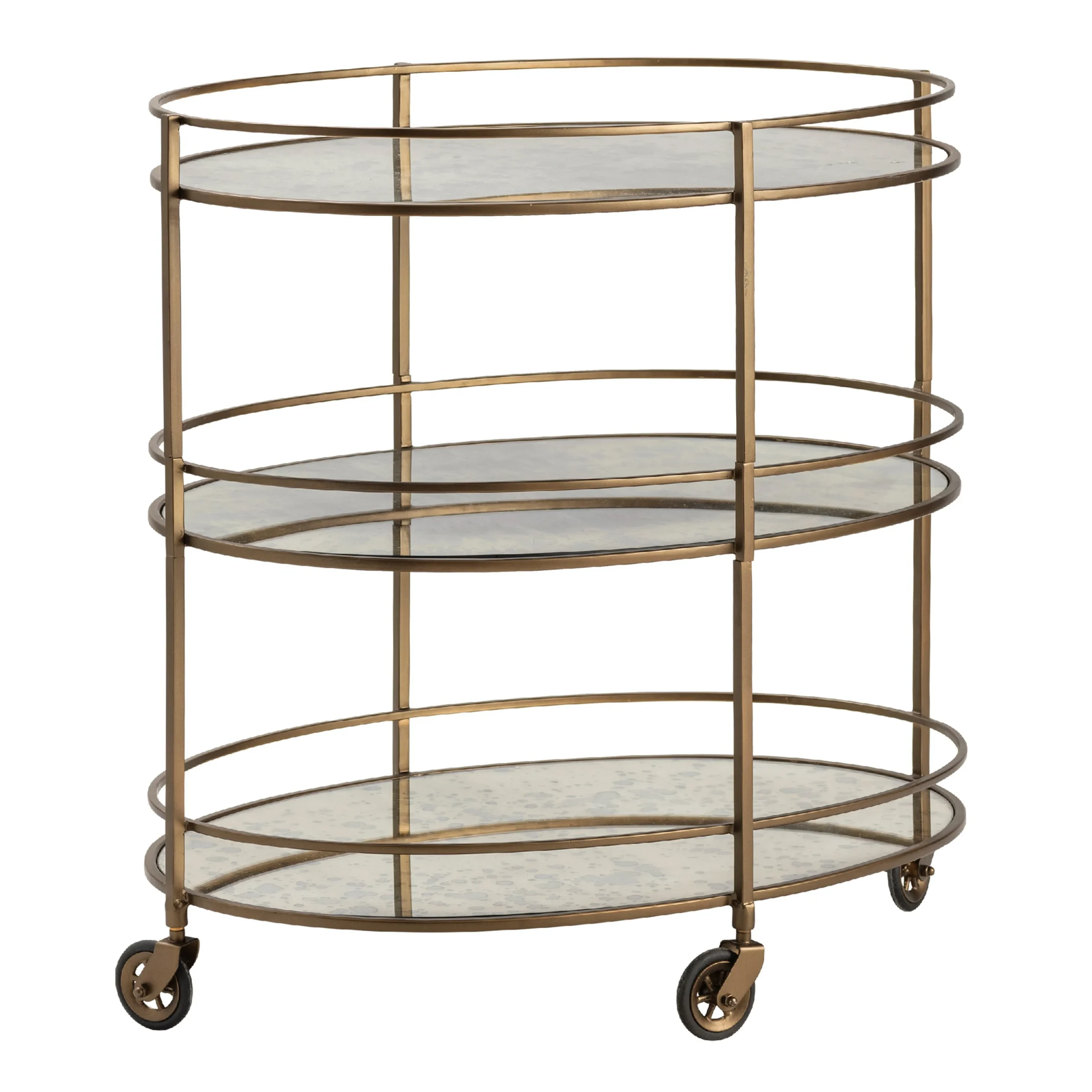 Oval Antique Gold Mirrored 3 Tier Bar Cart