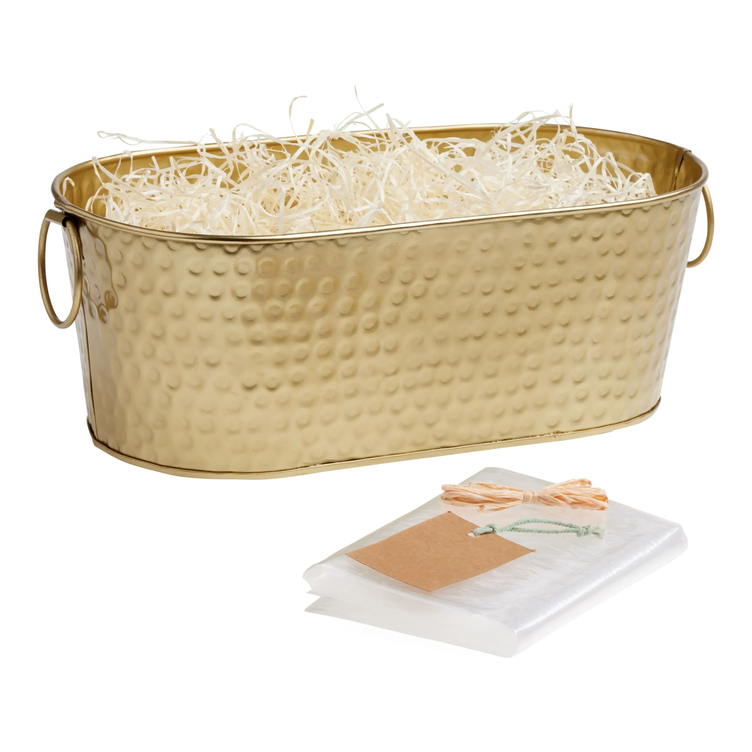 Oval Gold Hammered Metal Gift Basket Kit With Handles
