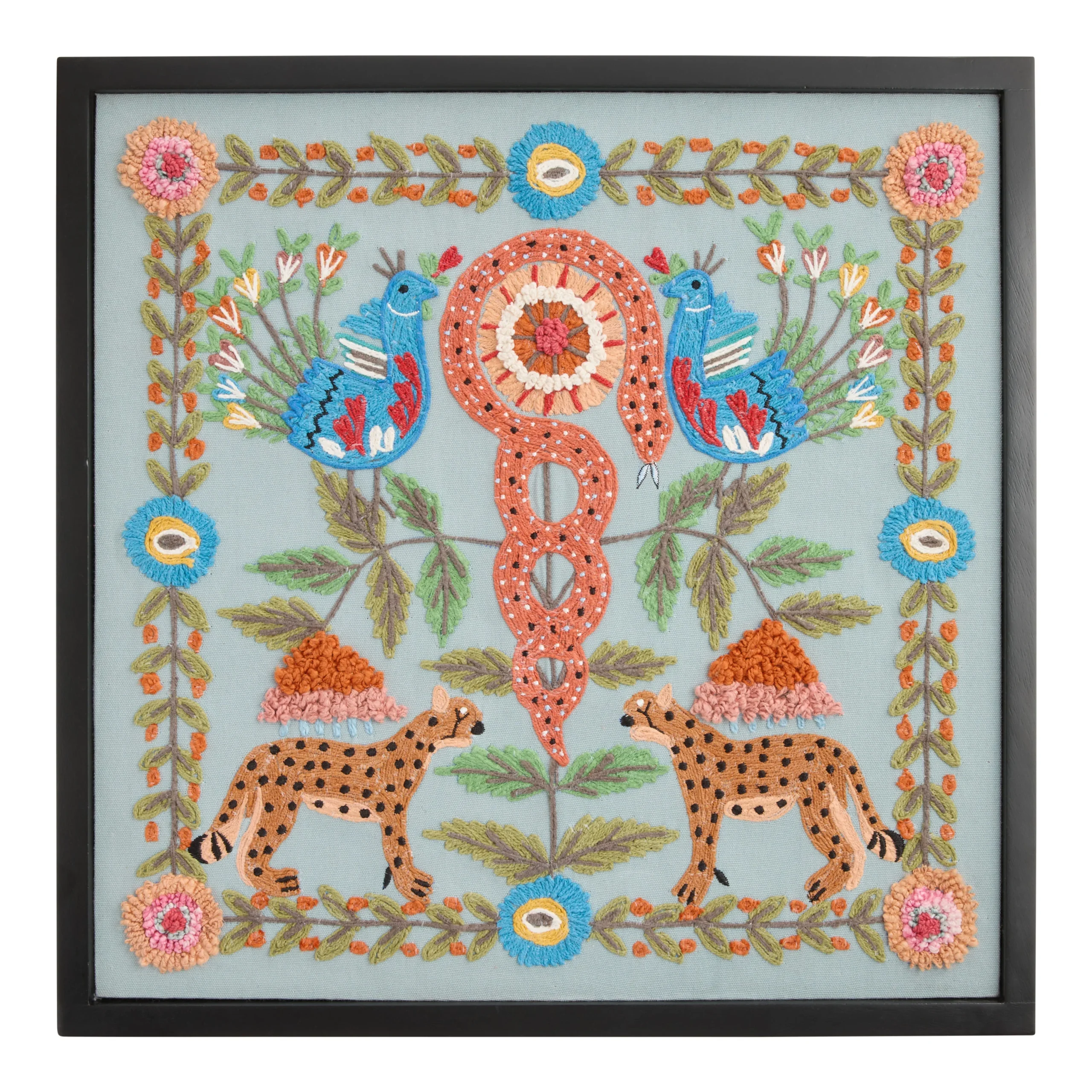 Peacock, Jaguar and Snake Embroidered Textile Framed Wall Art