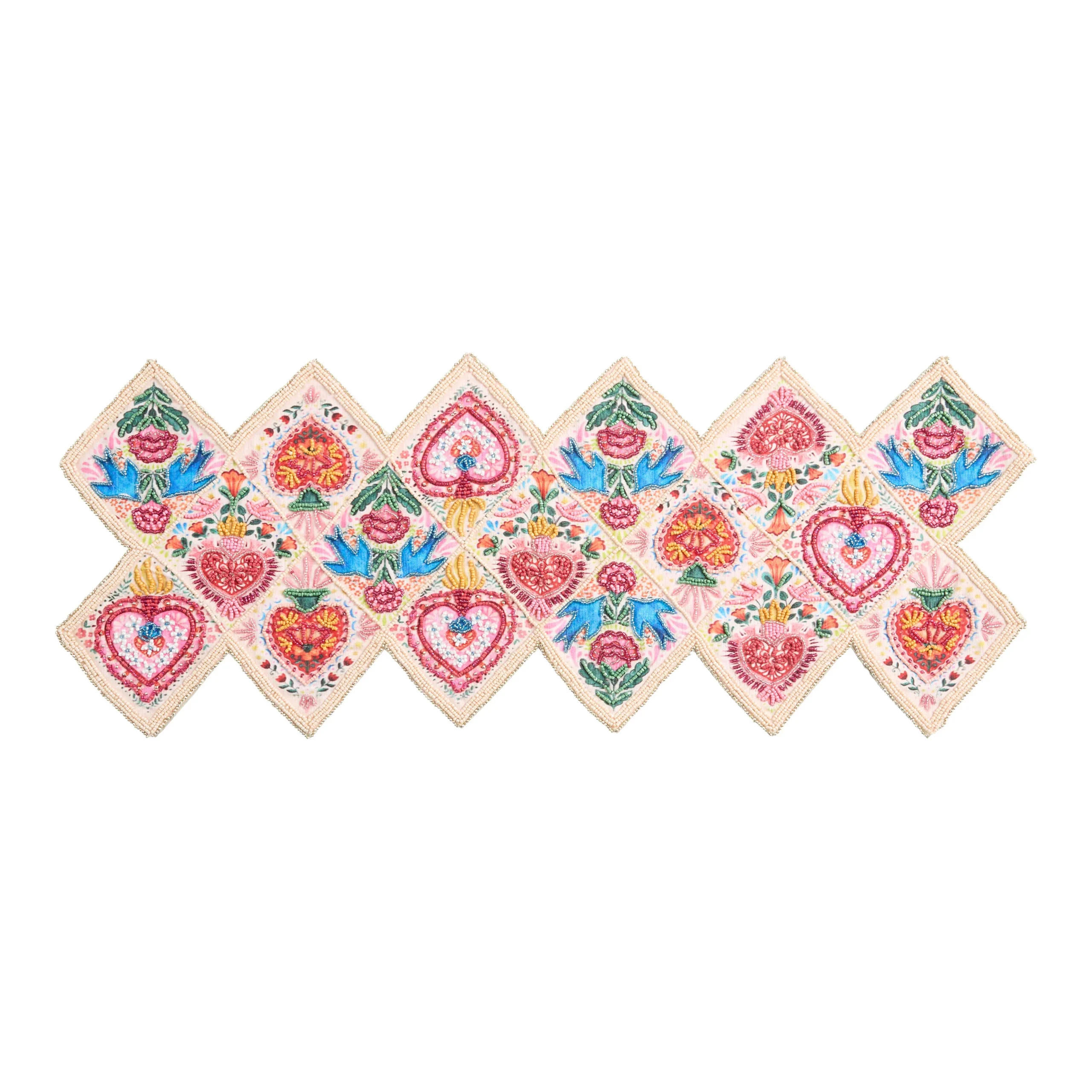 Pink Multicolor Milagro Hearts Beaded Table Runner