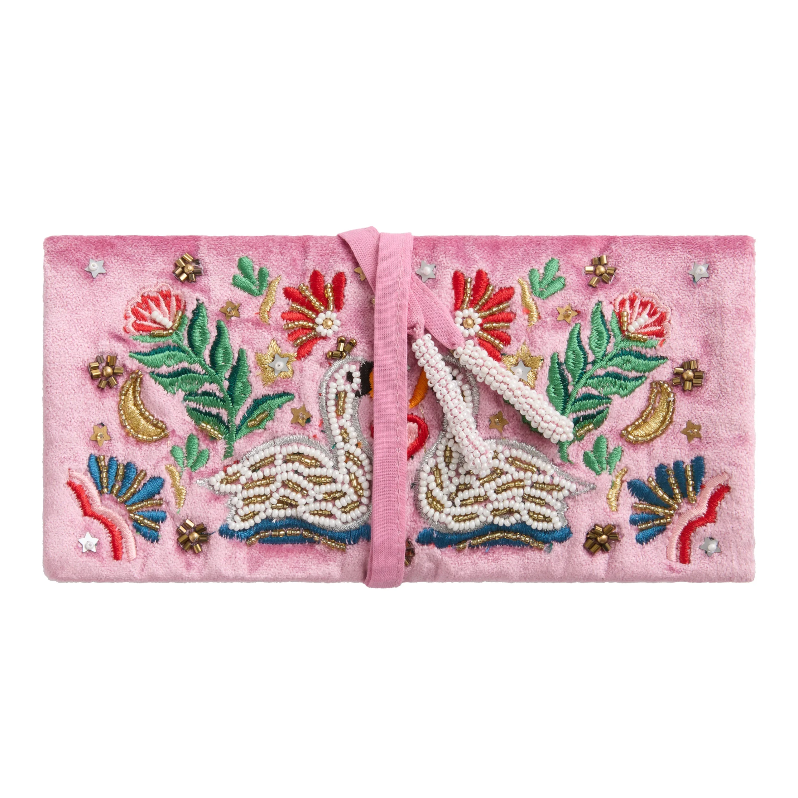 Pink Velvet Vintage Swans Beaded Jewelry Roll