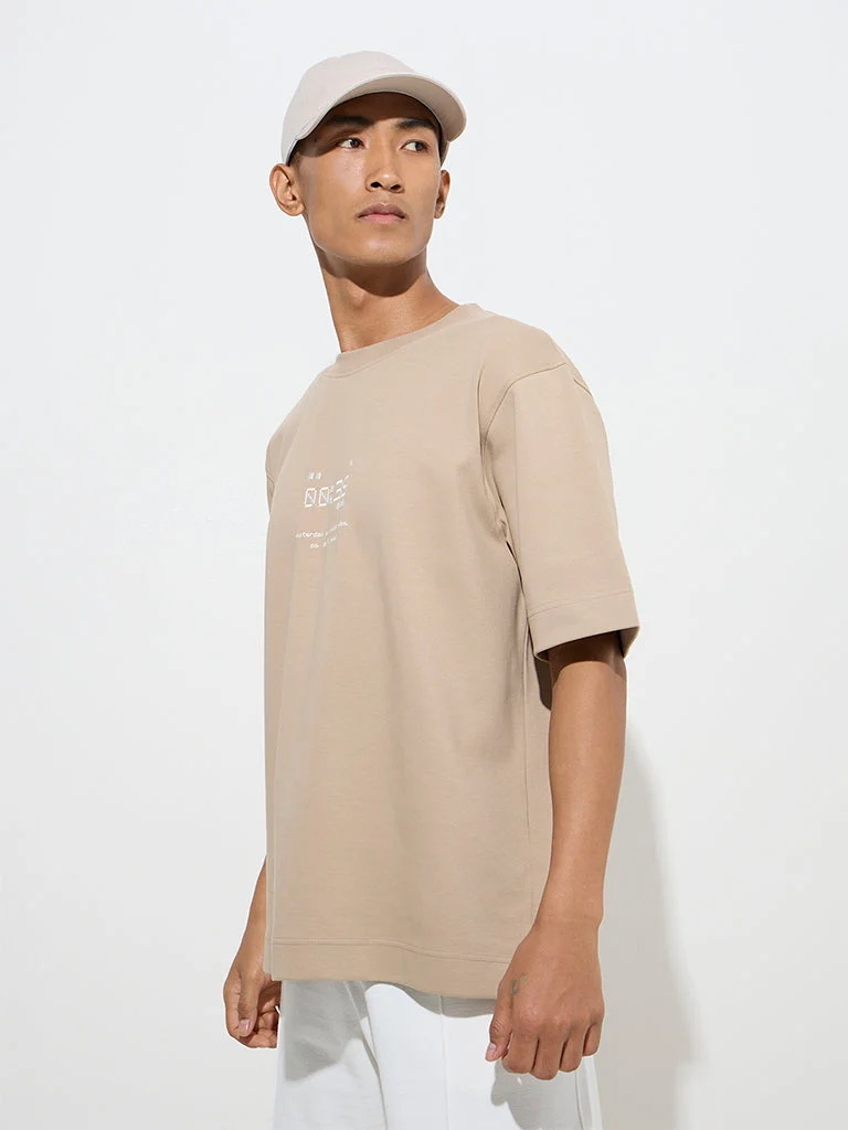 Studiofit Beige Printed Relaxed-Fit Cotton-Blend T-Shirt