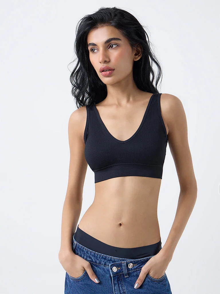 Superstar Black Ribbed Textured Seam-Free Padded Bra