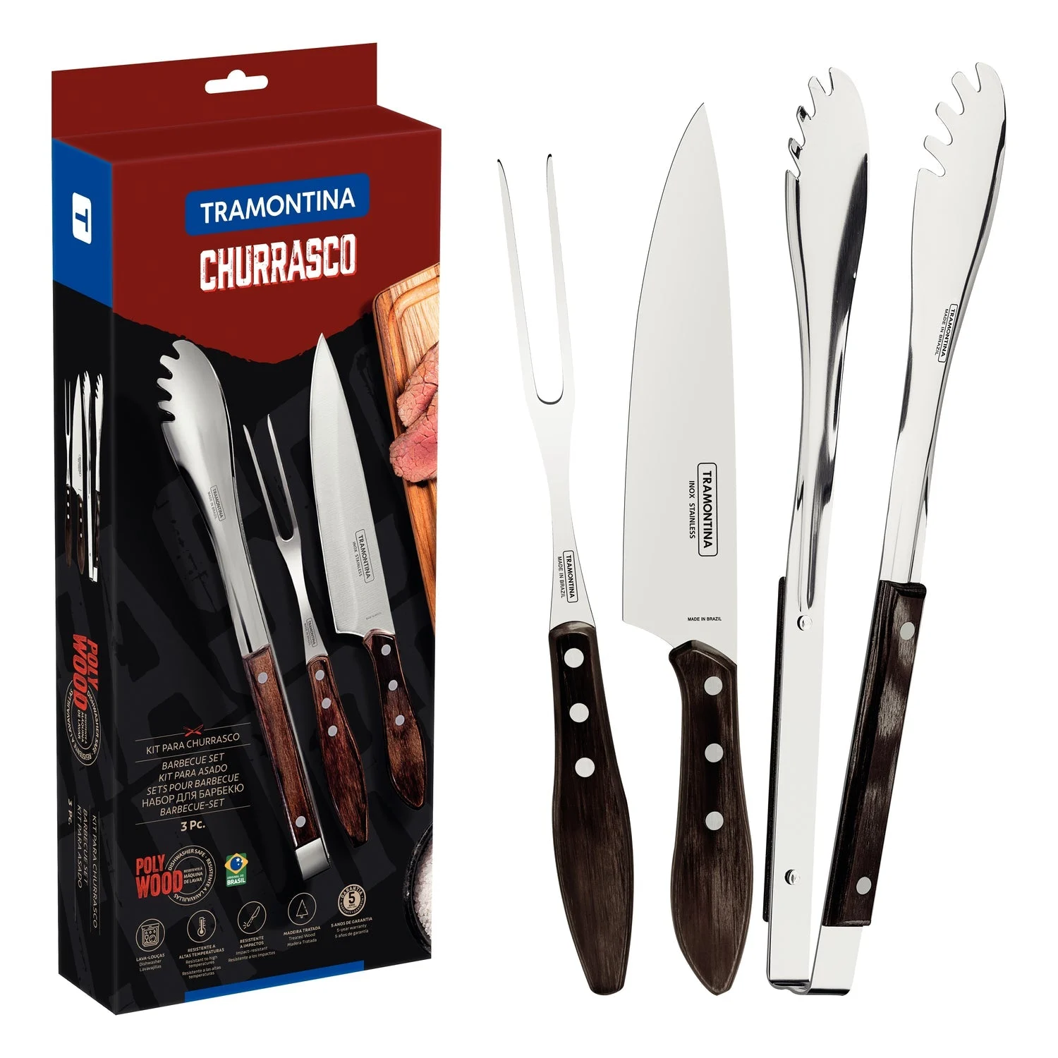 Tramontina 3-Piece Utensil Set With Stainless-Steel Blades & Treated Brown Polywood Handles