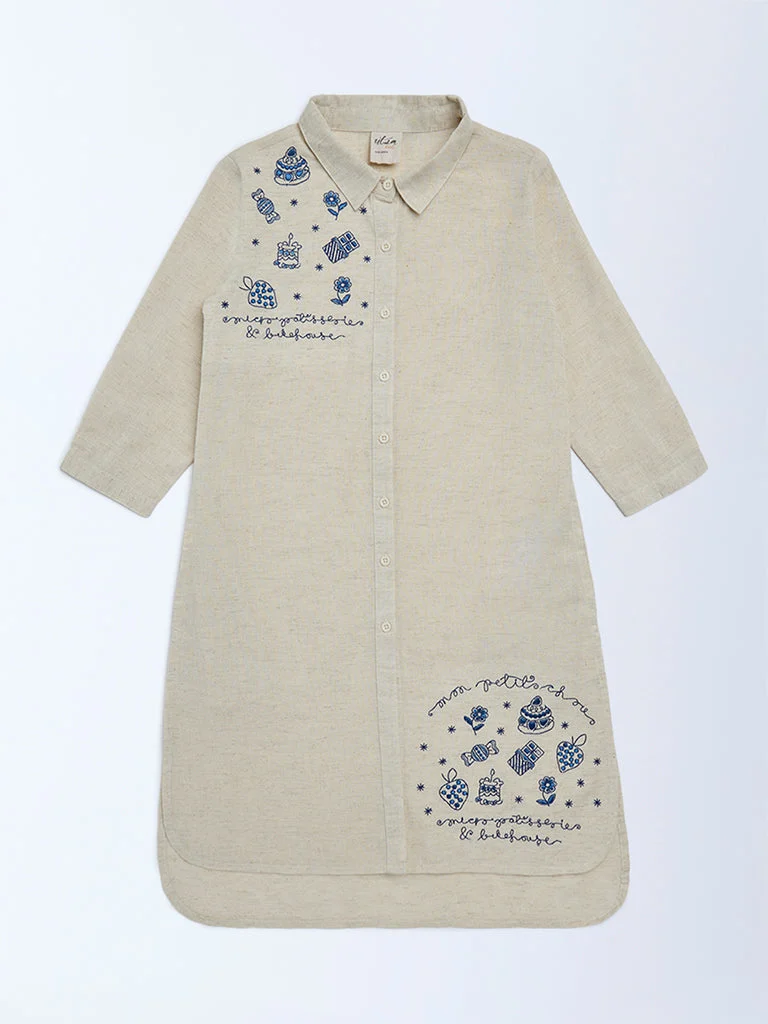 Utsa Kids Girls Beige Embroidered Cotton-Blend Tunic - (8-14 yrs)