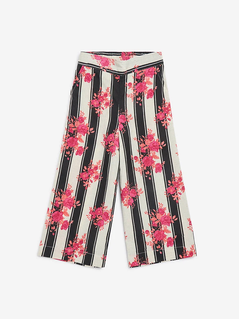 Utsa Kids Girls Black Floral Design Cotton Palazzos - (2 - 8yrs)