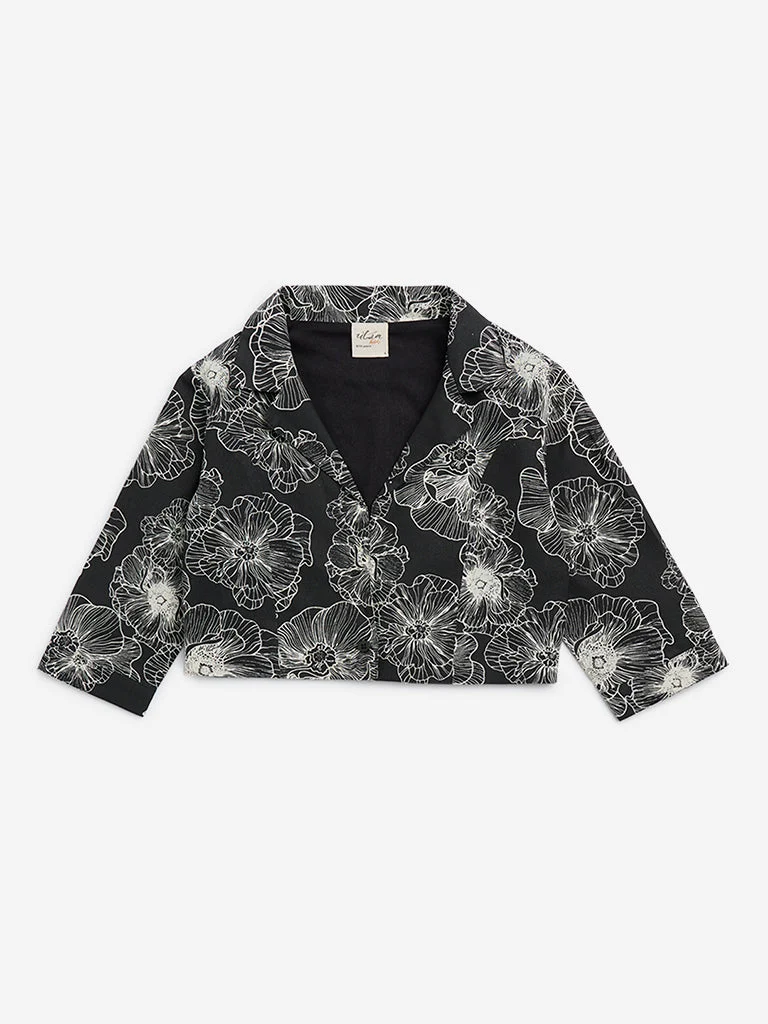 Utsa Kids Girls Black Floral Printed Cotton Jacket - (8 - 14yrs)