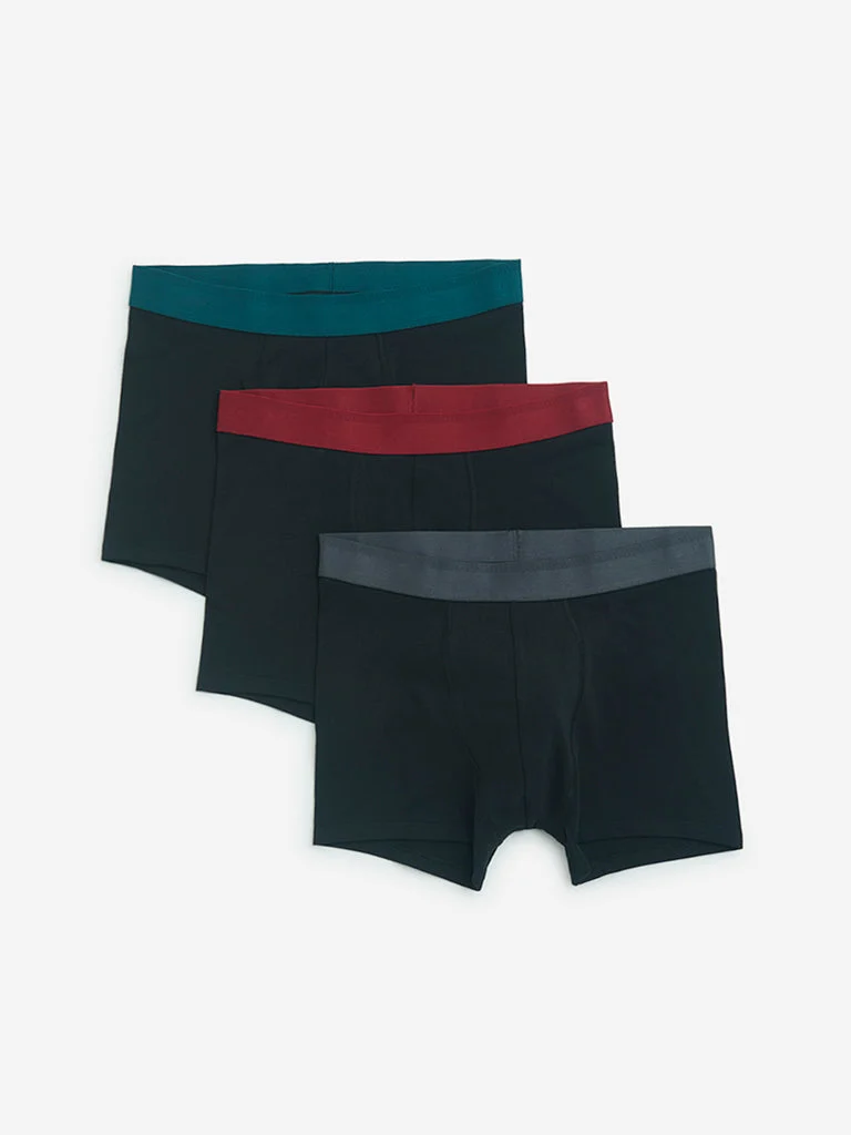 WES Lounge Black Solid Cotton Trunks- Pack of 3