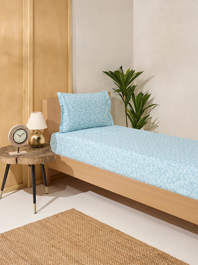 Westside Home Aqua Floral Design Single Bed Fitted Sheet and Pillowcase Set