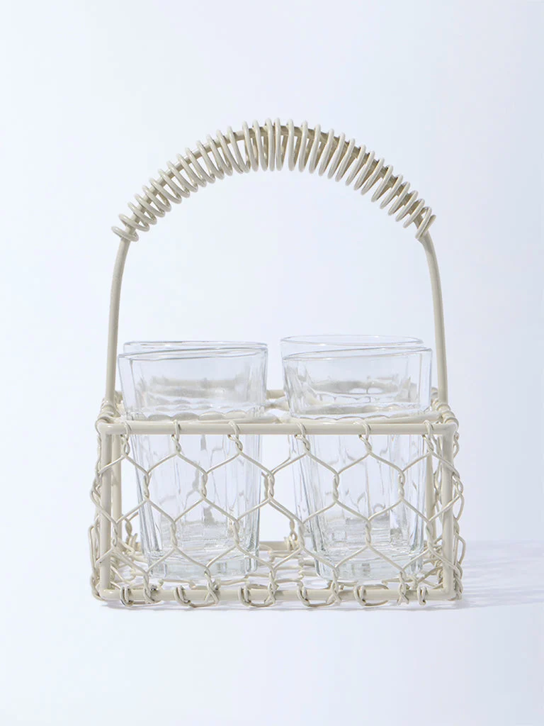 Westside Home Ivory Chai Caddy with Four Glasses