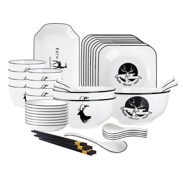 White Antler Printed Ceramic Dinnerware Set Crockery Soup Bowl Plate Server Kitchen Home Decor Set Of 34
