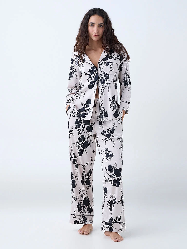 Wunderlove Black Floral Design Satin Shirt and Pyjamas Set