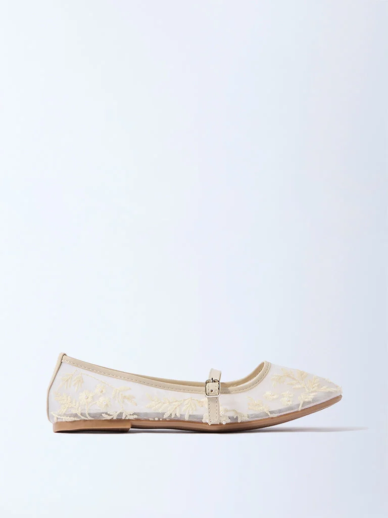 Yellow Ivory Mesh Floral Embroidered Mary Jane Shoes